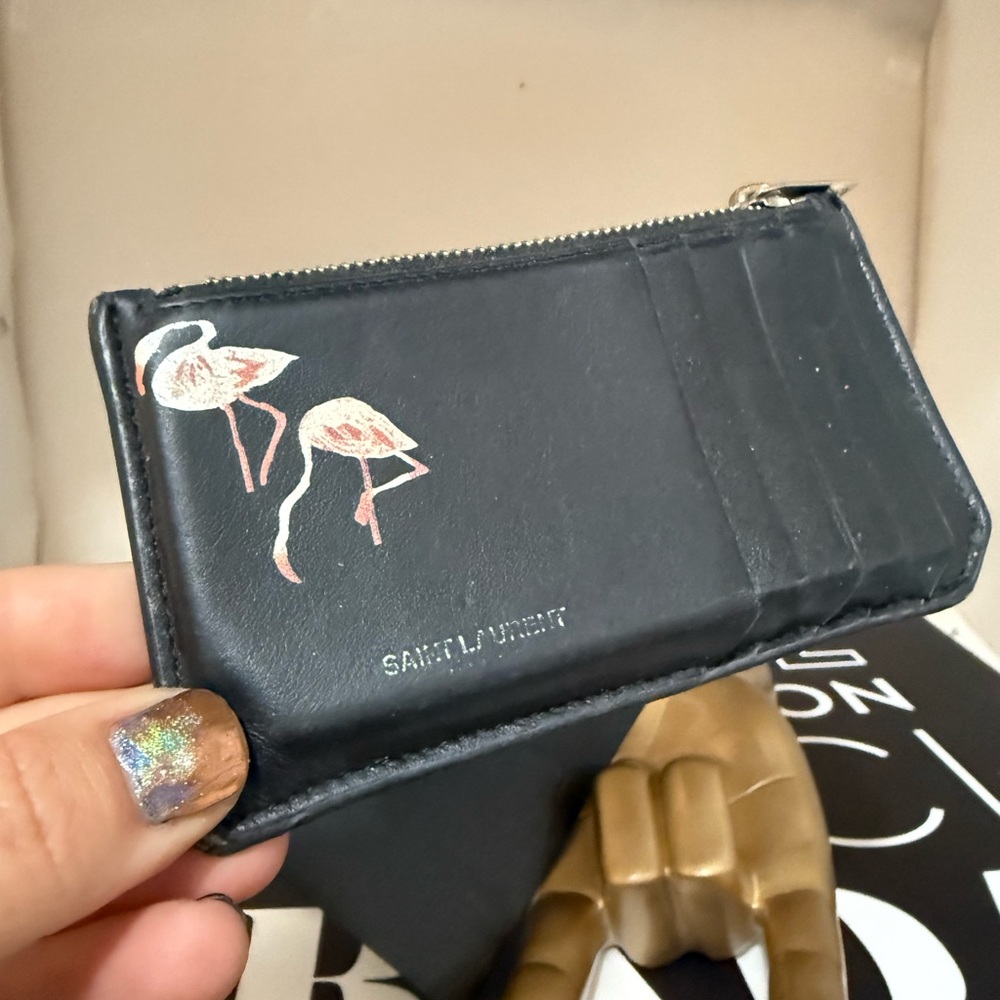 Saint Laurent Leather Black Card Holder with Flamingo Design
